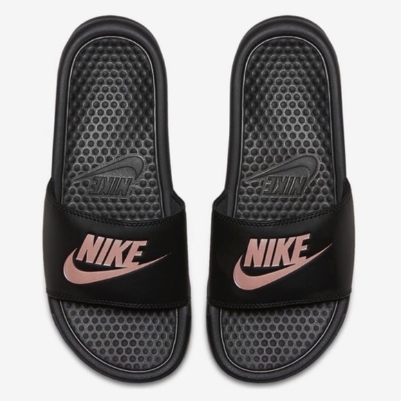 nike black and gold slides